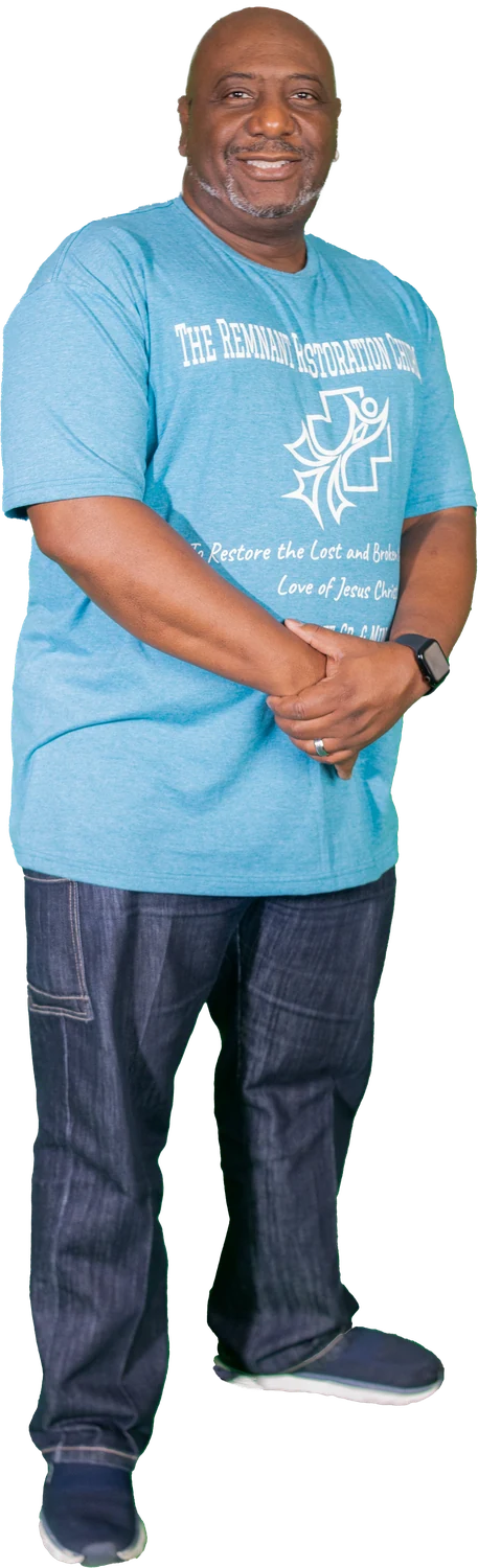 Pastor Michael Luckett, Sr. in a church T-shirt